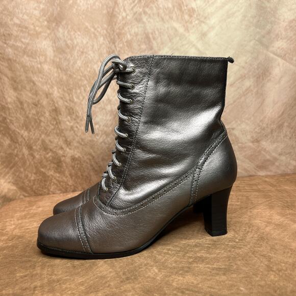 AJ Valenci Victorian Style Lace Up Heeled Boots Gray Leather Steampunk Gothic - Picture 2 of 13